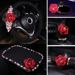 Red Rose Flower Sets Car Steering Wheel Covers Auto Interior Accessories Vehicle Handlebar Cover Fit For Women Ladies Girl Gifts