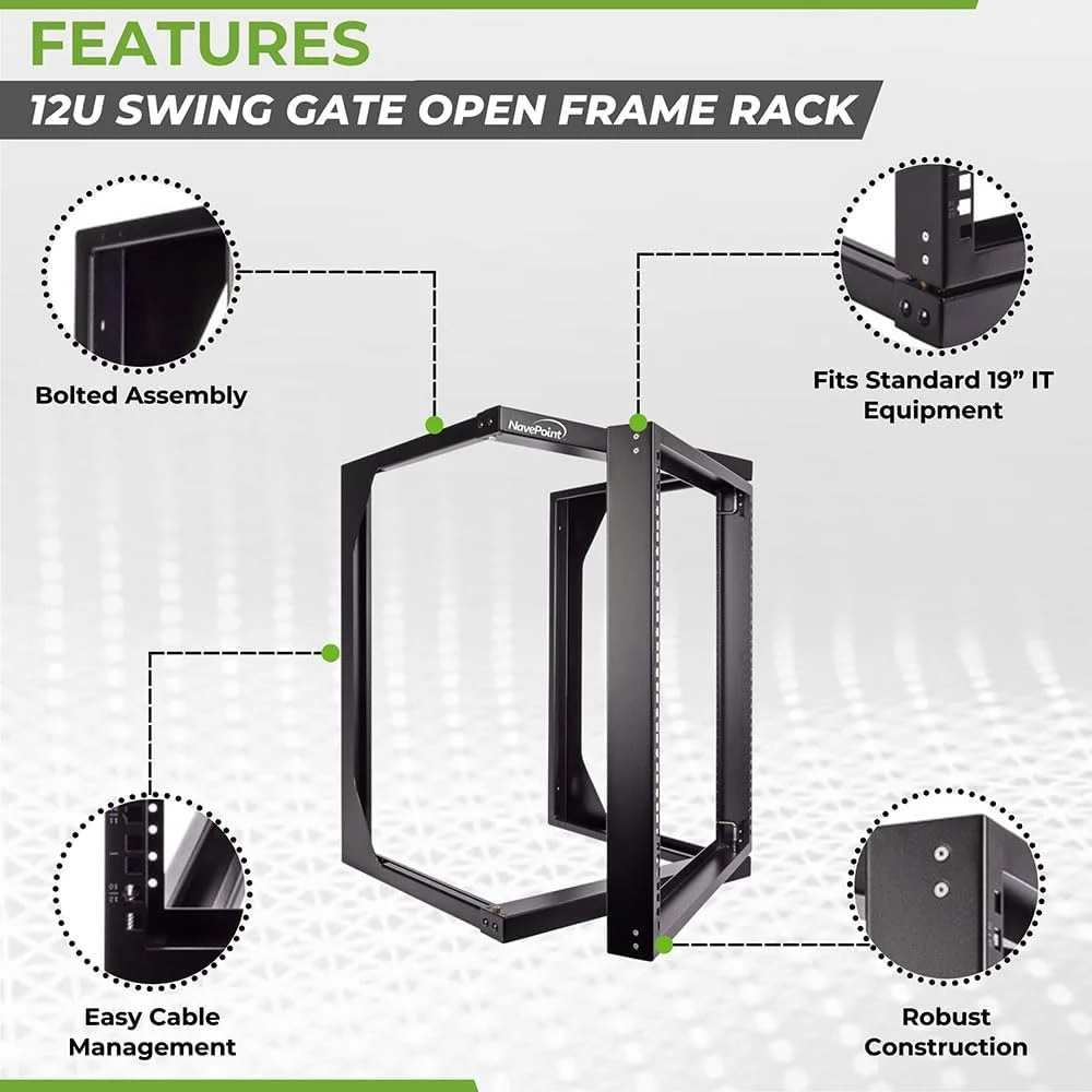 

12U Server Rack with Swing Gate - 12U Wall Mount Rack for 19 Inch IT Equipment Open Frame Rack