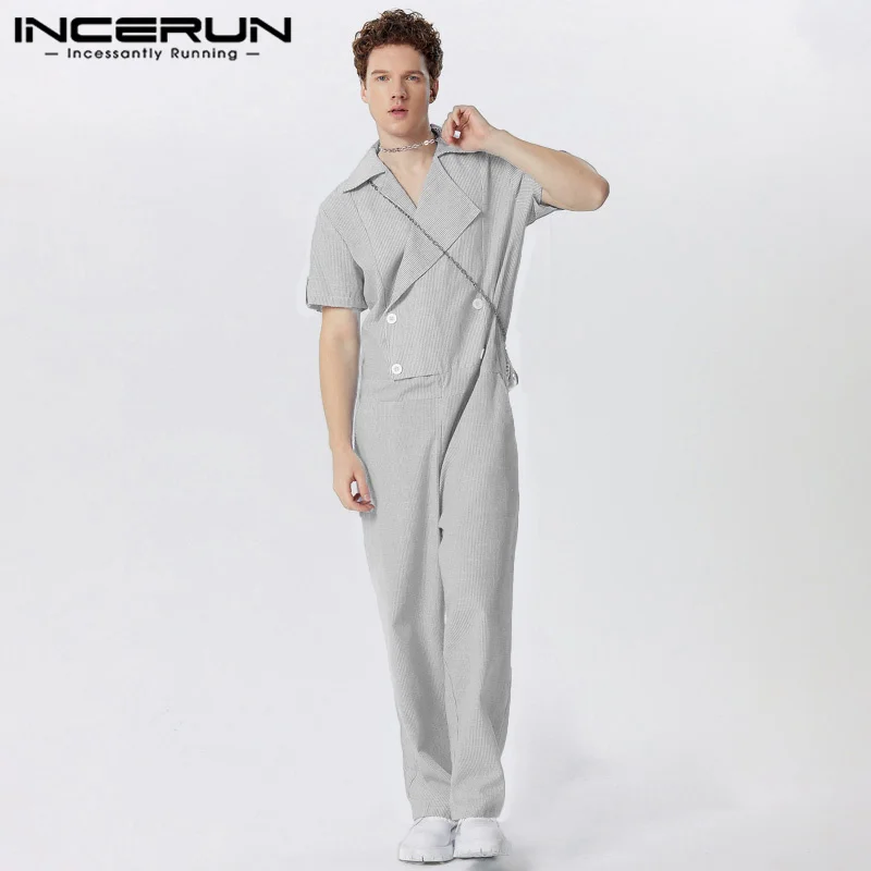 INCERUN 2024 American Style Bodysuits Fashion Men Stripe Lapel Jumpsuits Casual Streetwear All-match Short Sleeved Rompers S-5XL