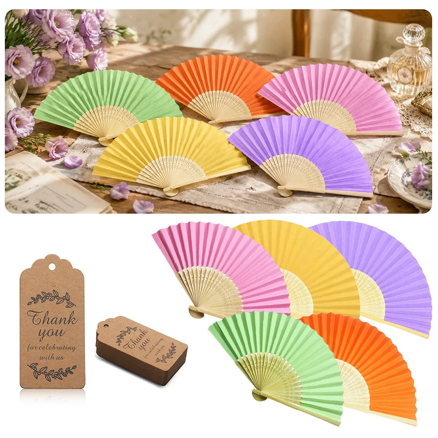 30PCS Handheld Folding Fans Bulk Organza Pouches Thank You Cards Elegant for Wedding Guest Gifts Party Favors Holiday ZYF