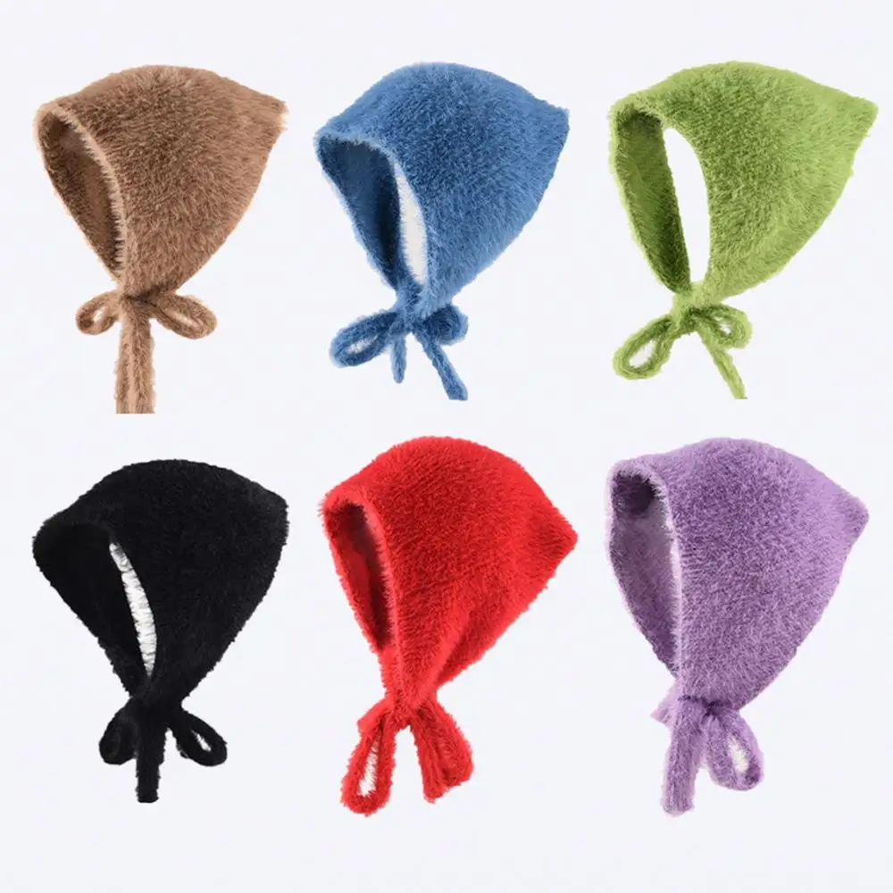 New Simple French Headscarf Women's Winter And Autumn Warm Plush Knitted Triangle Scarf Sweet And Cute Lace-up Cover Headband