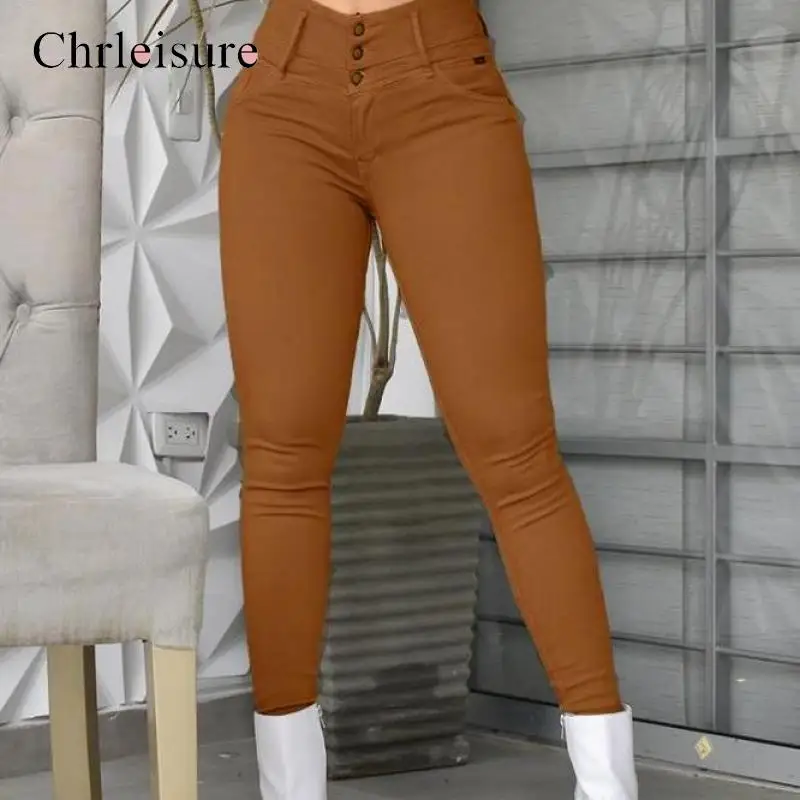 CHRLEISURE Women Pants Push Up Button Pocket High Waist Spring Pants Streetwear Casual New Pants Fashions Leggings Design Autumn