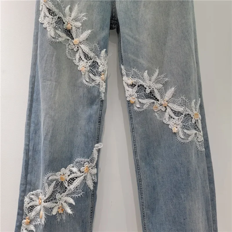 Women's Jeans Flowers Pendant Patchwork Lace Hollow Out High Waist Straight Denim Pants 2025 New Fashion Summer Female Trousers