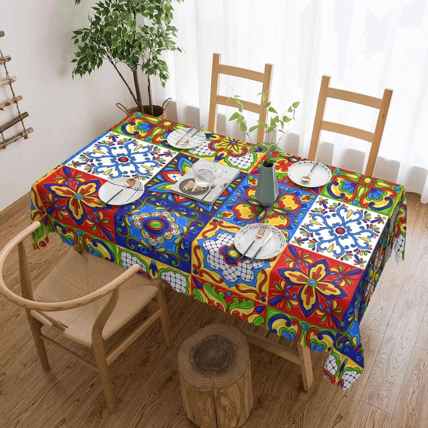 Mexican Talavera Ceramic Rectangle Tablecloth for Table Decor Reusable Mexico Fiesta Party Kitchen Dining Table Cloth Home Decor
