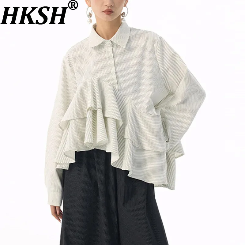 

HKSH Spring Autumn New Women Shirt Irregular Ruffle Long Sleeves Striped Turn-down Collar Single Breasted Blouse Ins Top HK16079