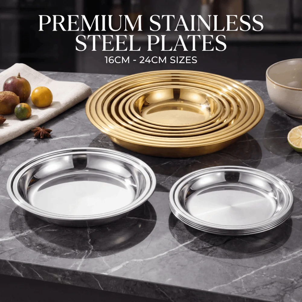 Silver Stainless Steel Round Plate Shallow Tray Easy Clean Rustproof Outdoor Camping Tray Flat Food Container BBQ