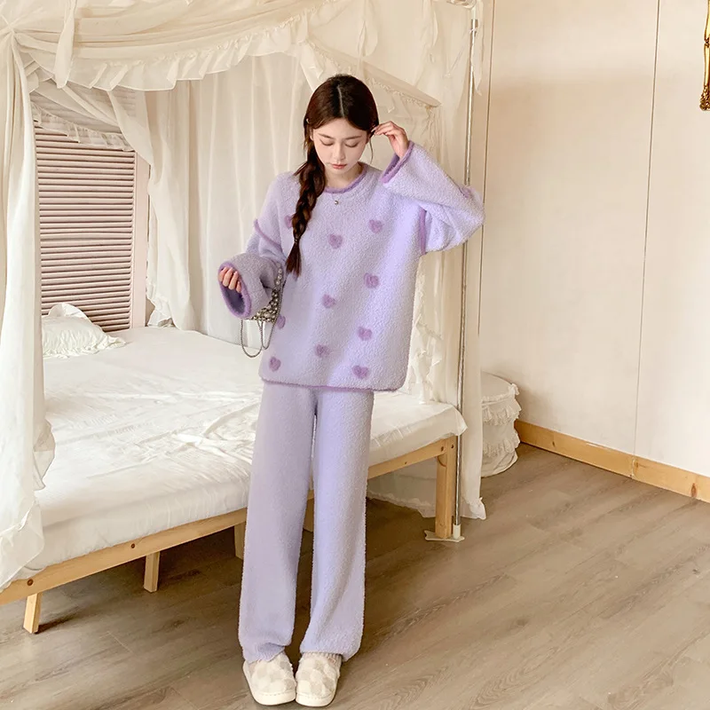手作りフリース裏地付き厚みのあるソフトな女性用パジャマセット、スイートでキュートなスタイル、長袖長ズボン、ホームウェア上下セット