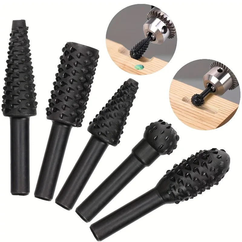 5pcs/set Woodworking Rotary Files Grinding Head Embossing Rotary File Wood Carving Tools Round Shank File Drill Bits Hand Tools