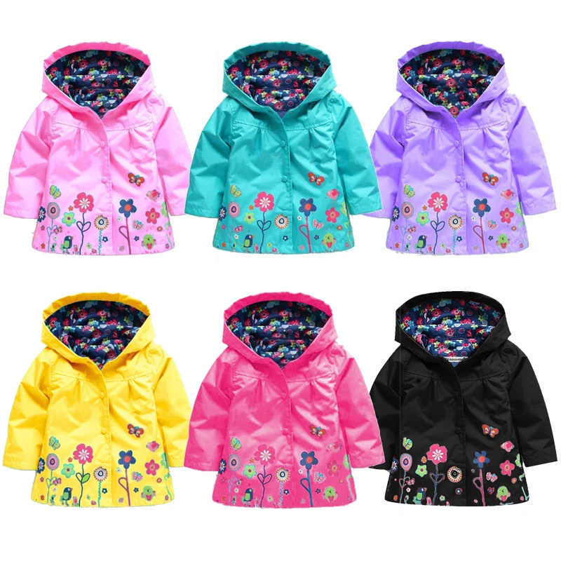 Flowers Girls Jackets Autumn Waterproof Kids Jacket Windbreaker Coat Hooded Casual Girls Raincoat 2-6 Year Old Children Clothing