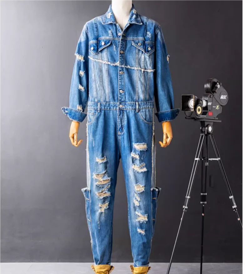 

European and American style ripped denim jumpsuit for men new trendy brand hip-hop jeans, street dance bar night time jumpsuit