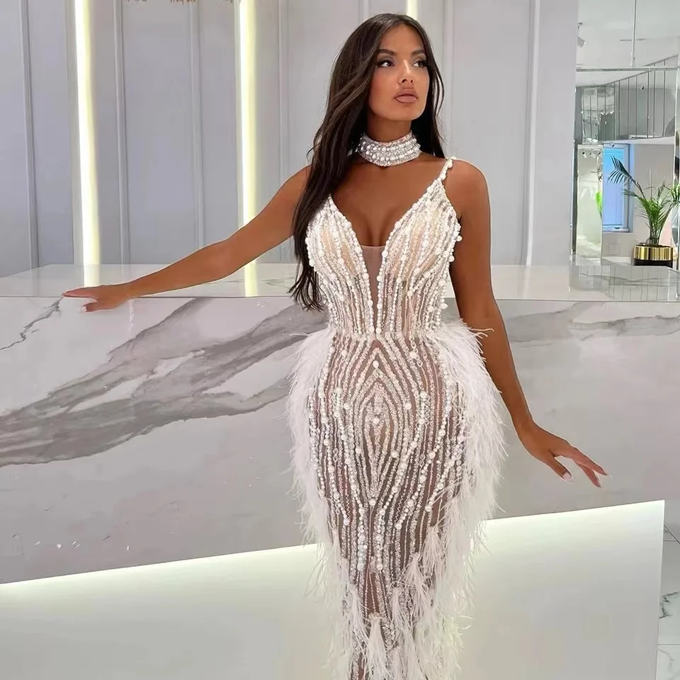 Luxury Mermaid  Spaghetti Strap Beaded Feather Evening Dresses Prom Gowns 2024 For Woman Wedding Party