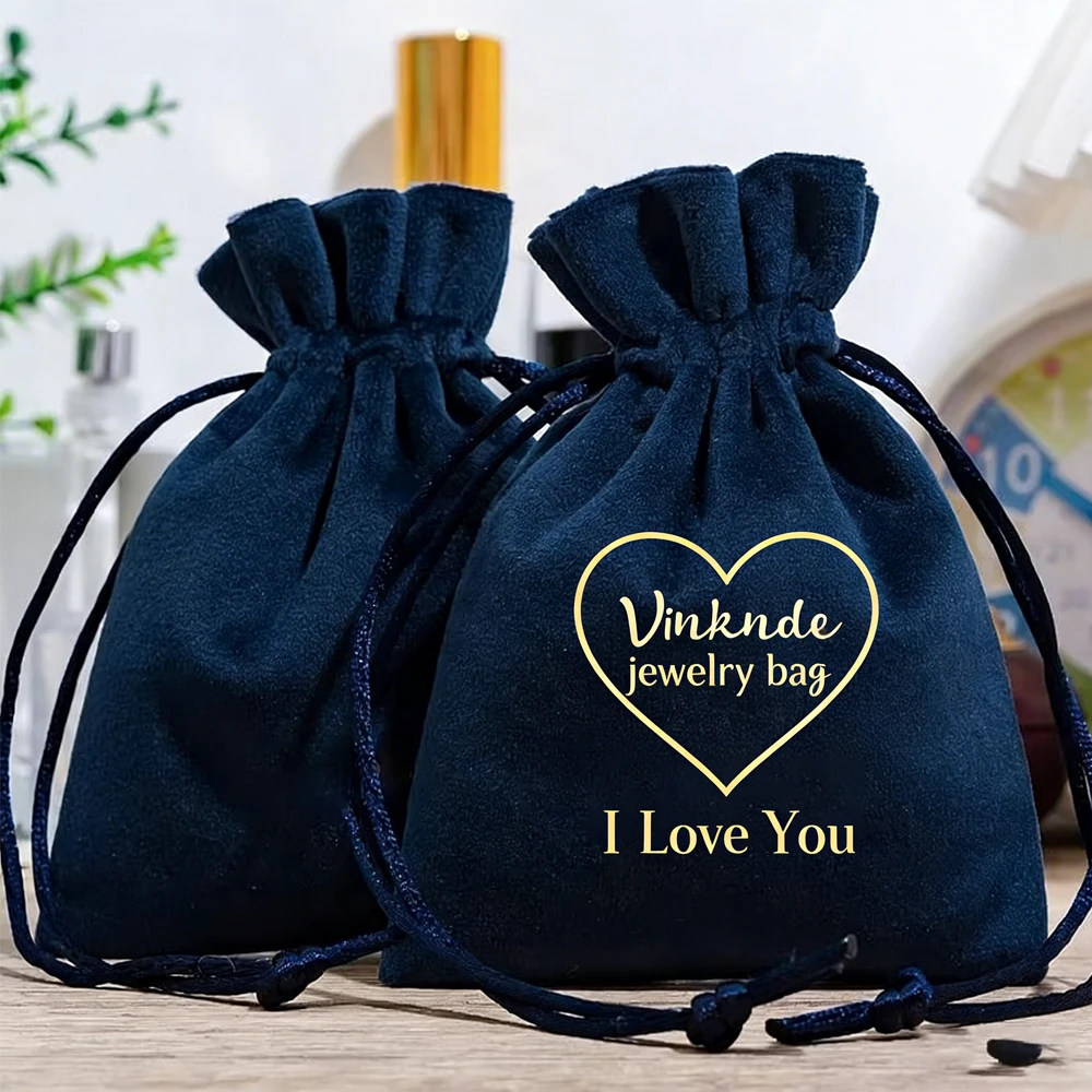 

100Pcs Custom Logo Navy Flannel Jewelry Pouches Wedding Favors For Guests Candy Goodie Bags Earrings Brooch Organizer Velvet Bag