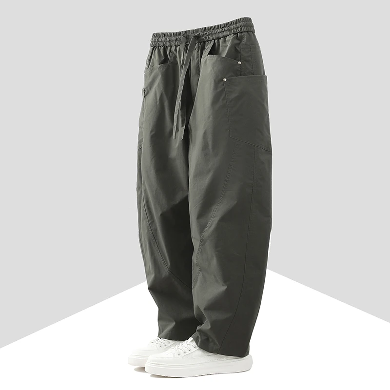 Fashion Men Drawstring Waist Cargo Pants Men Spring Straight Airplane Pants Man Multi Pocket Outdoor Hiking Workwear Trousers