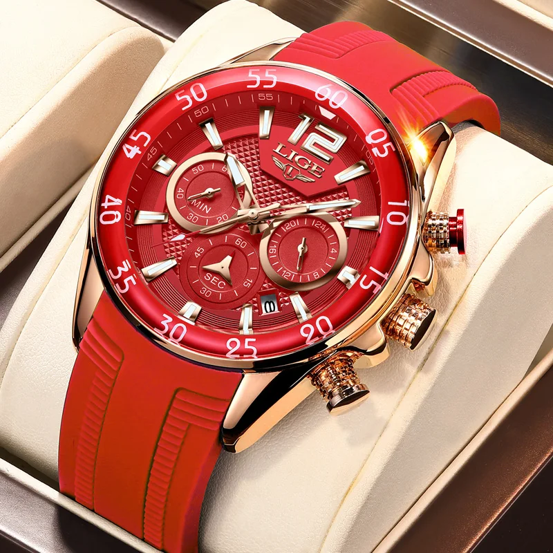 LIGE New Fashion Mens Watches Top Brand Luxury Quartz Wrist Watch Man Sport Red Silicone Watch for Men Reloj Hombre Chronograph