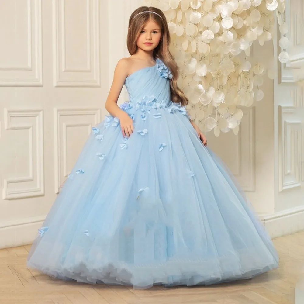 

Flower Girl Dresses One Shoulder A Line Organza Winter Flower Sleeveless Christmas Gown with Pleat Princess Custom Formal Wear