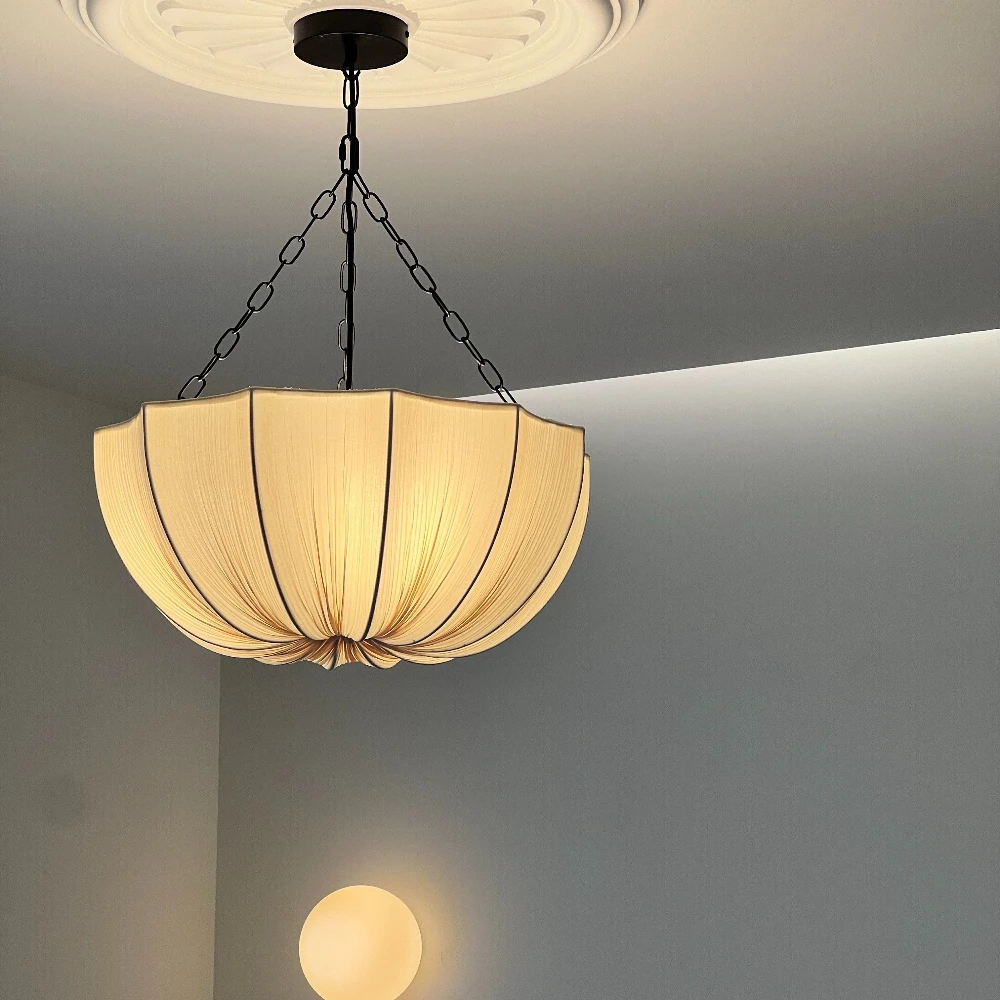 Japanese Fabric Chandelier Living Dining Room Bedroom Pendant Lamps Lustre Hanging Light Fixture Retro Iron Chain Ceiling Lamp