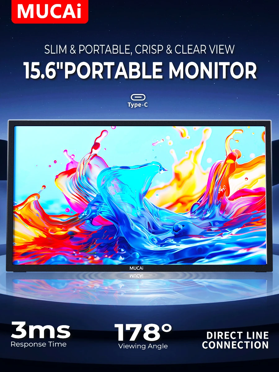 MUCAI N156 Portable Display 15.6 Inch 60Hz Resolution TN Panel 250cd/ Brightness 3ms Response Portable Monitor