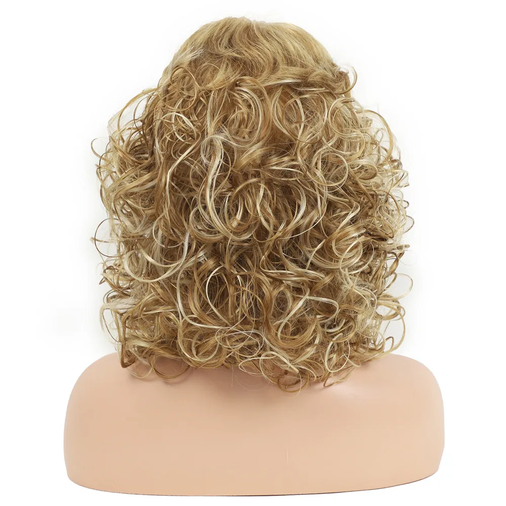 Women\'s Medium Length Curly Wigs Golden Brown Fluffy Short Curly Hair Dual Color Highlight Dyed Wig Chemical Fiber Rose Mesh Wig