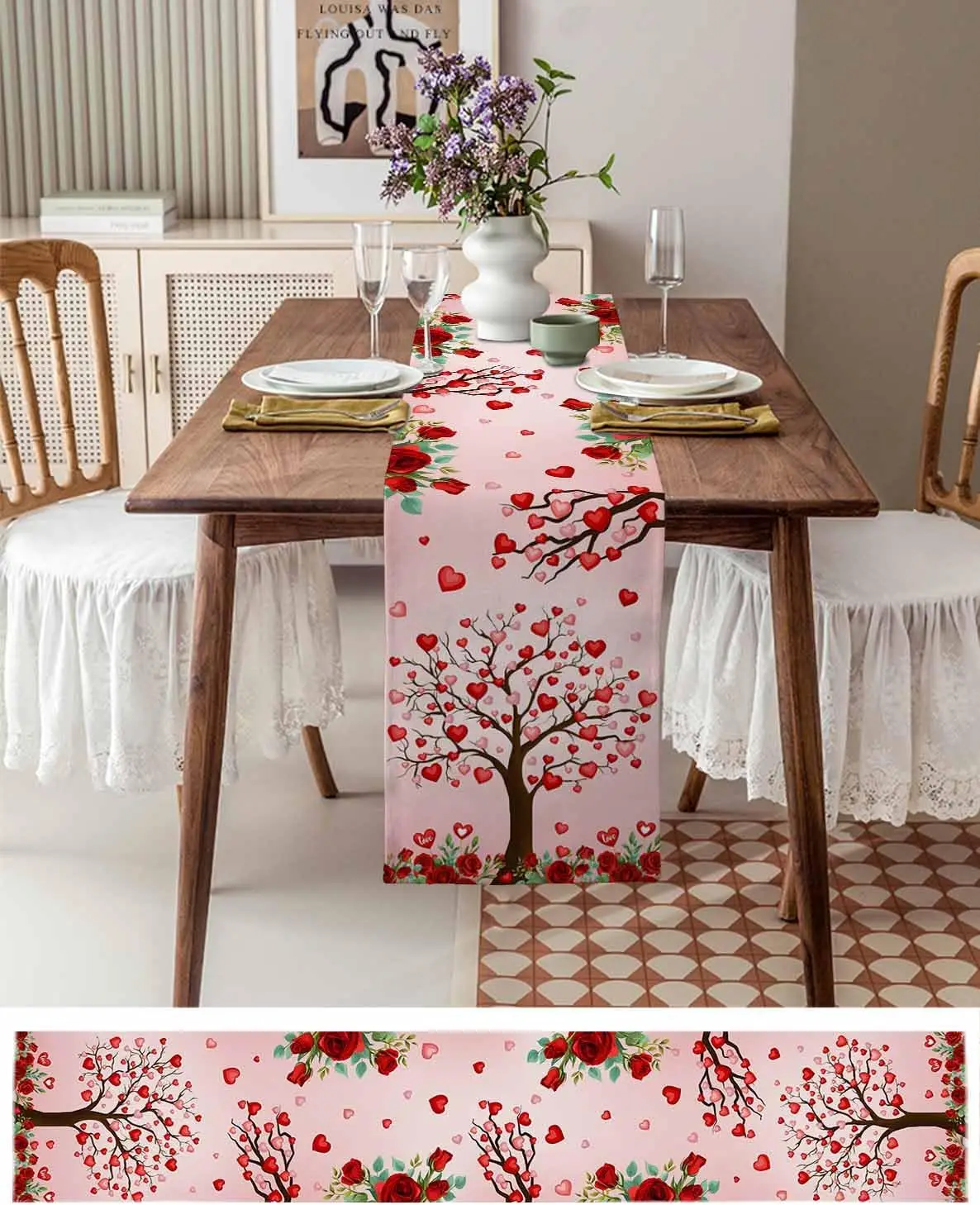 Valentine's Day Romantic Love Heart Tree Linen Table Runner Wedding Decorations Spring Red Rose Flower Table Runners Party Decor