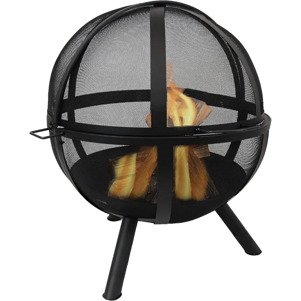 Flaming Ball 30-Inch Wood-Burning Steel Fire Pit with Protective 200D PVC Cover and 16-Inch L Poker - Black