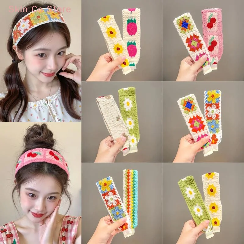 [CO]Knitting Colorful Flower Print Magic Tape Headband Sweet Hair Ornament Headwear Headband Fashion Hair Accessory[CO]