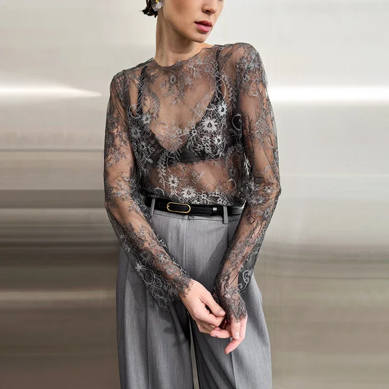 2026 Spring Summer New Long Sleeve T shirt Solid Thin Pullovers Female T shirt Sexy See Through Lace Top For Women