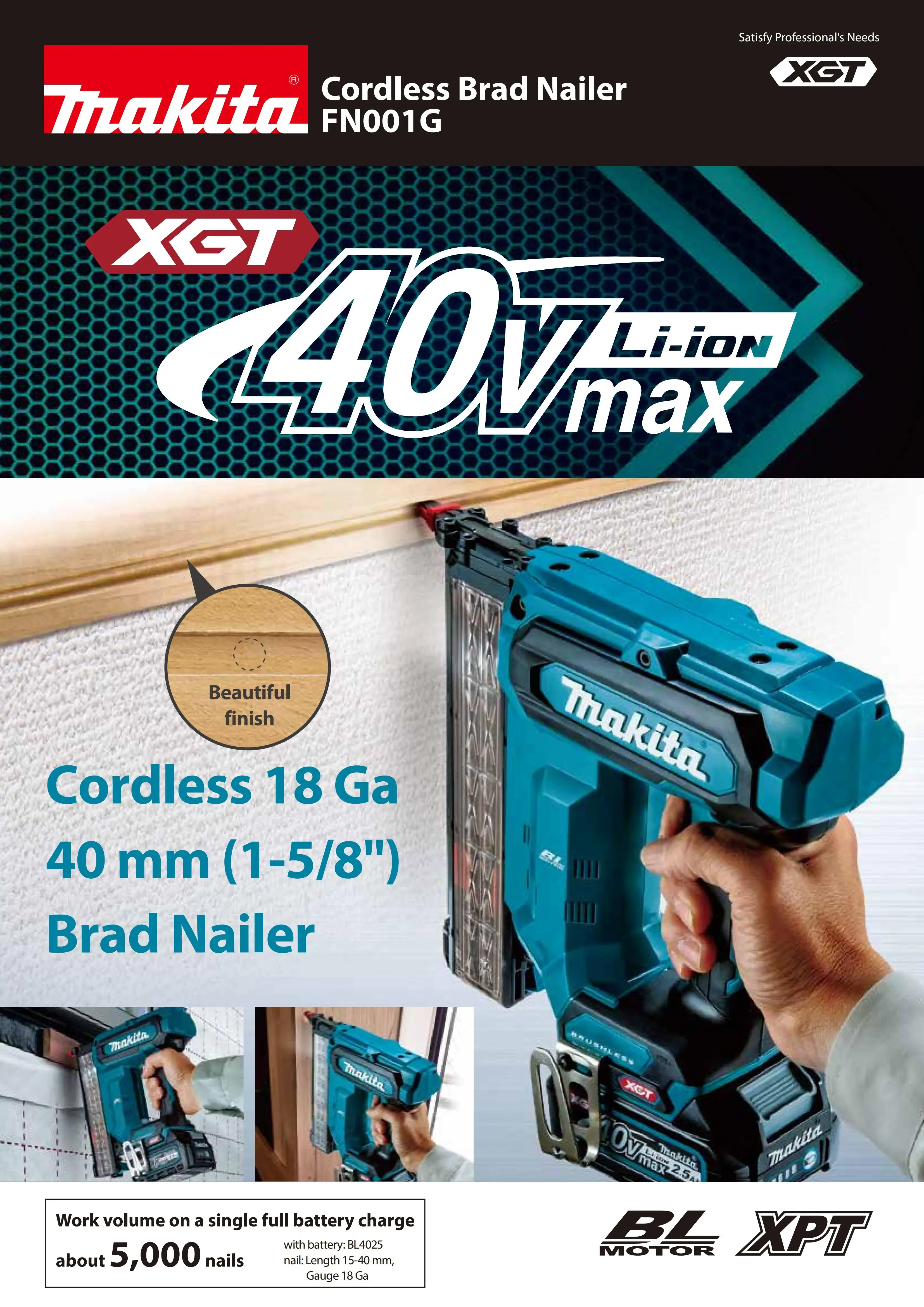 Makita FN001GZ Brushless Cordless 18 Gauge Brad Nailer 40V XGT Lithium Power Tools Nail Gun