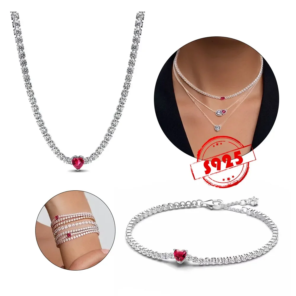 Valentine's Day Series S925 Silver Charms  Red Heart  Necklace Choker Bracelet Luxury Chains Women Jewelry Making for Gift