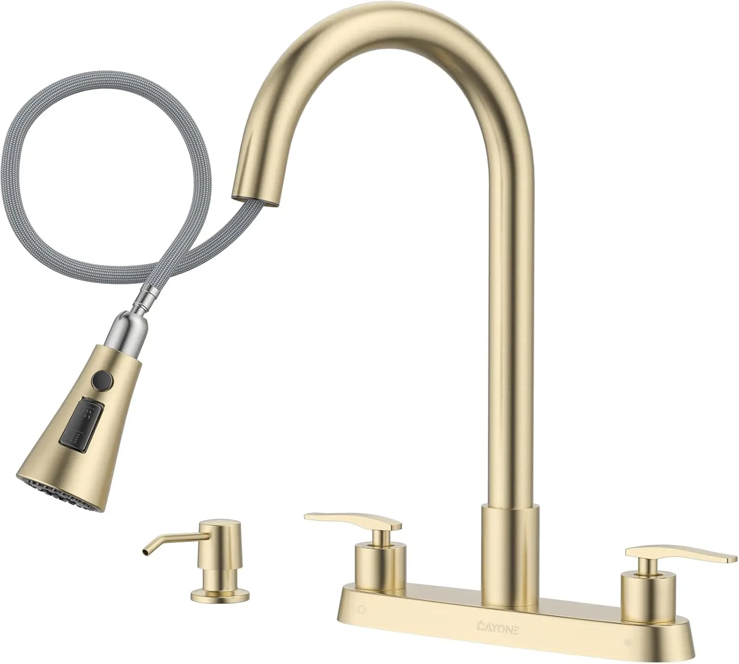 

Pull-Down Sprayer Kitchen Faucet, Brushed Gold Finish, 4-Hole Sink with Soap Dispenser for Home or RV