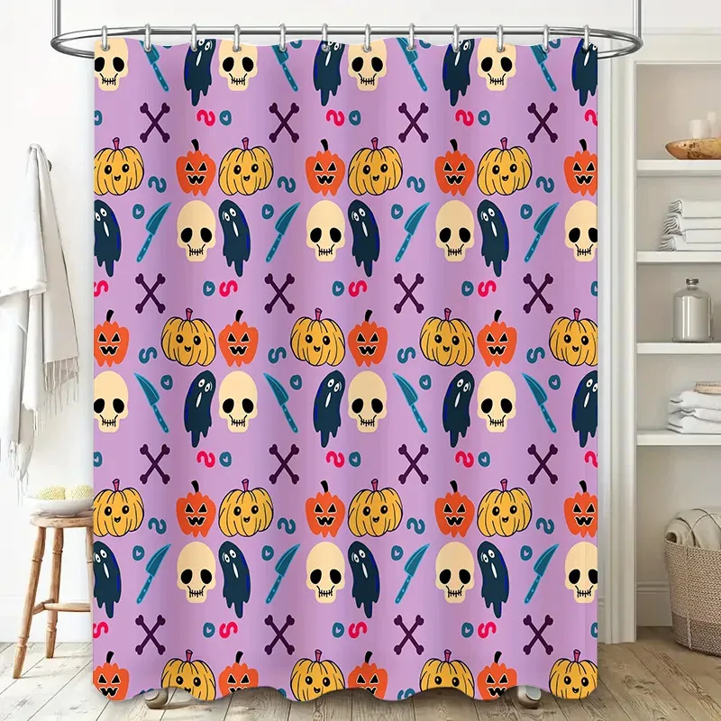 

ZHL22Halloween-themed shower curtain featuring pumpkin skulls, ghosts bats waterproof fabric backdrop for bathroom decor!2Ol%