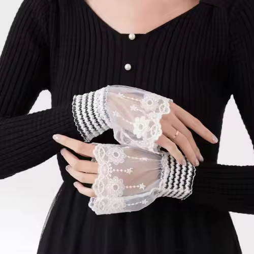 1Pair Detachable Cuffs Lace Flower Mesh Fake Flared Sleeves Double Layer Pleated Ruched False Cuffs Sweater Blouse Wrist Warmers - Image 6