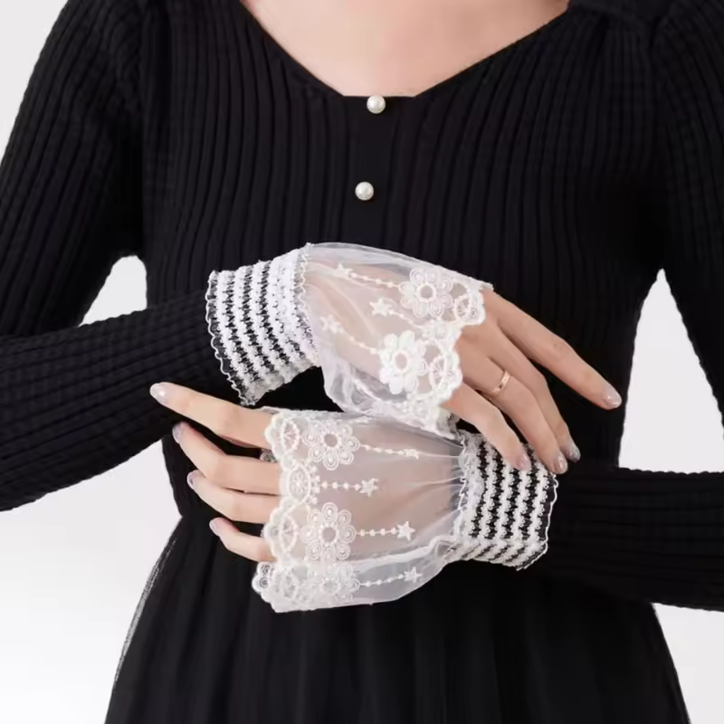 1Pair Detachable Cuffs Lace Flower Mesh Fake Flared Sleeves Double Layer Pleated Ruched False Cuffs Sweater Blouse Wrist Warmers - Image 6