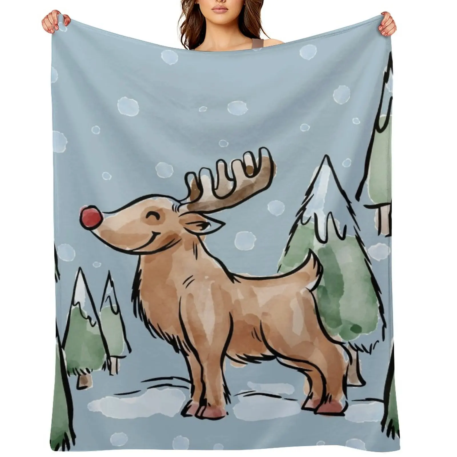 

Watercolor Painting of Red Nose Reindeer in Christmas Snow Throw Blanket for babies Shaggy Sofas Blankets