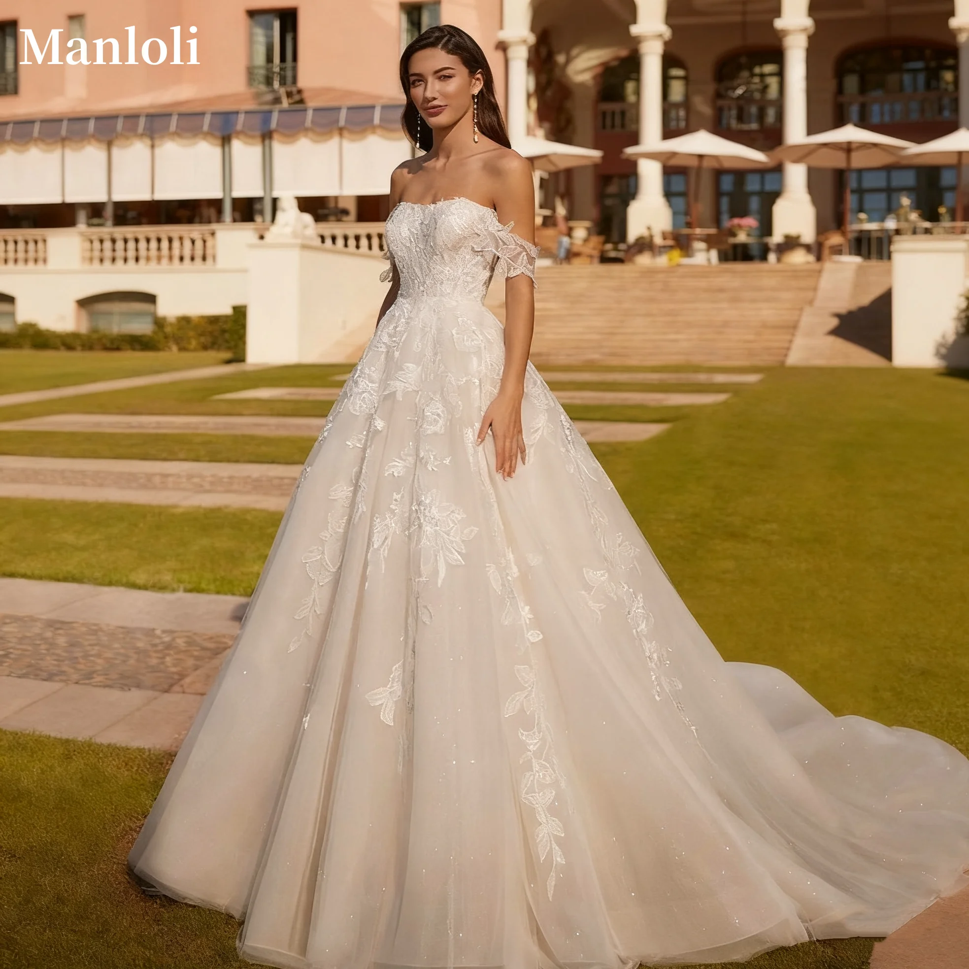 

2025 New Elegant Off Shoulder Wedding Dress 3D Flower Lace Decal Tulle Ball Dress Long Tail Formal Wedding Dress Customization