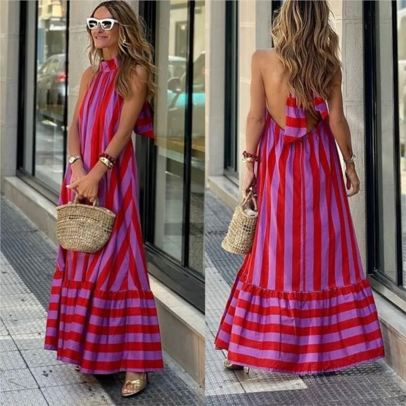 

Fashion Street Stripe Print Halter Neck Long Dresses For Women Sexy Backless Leace-up Loose Vacation Party Dress Lady Vestidos