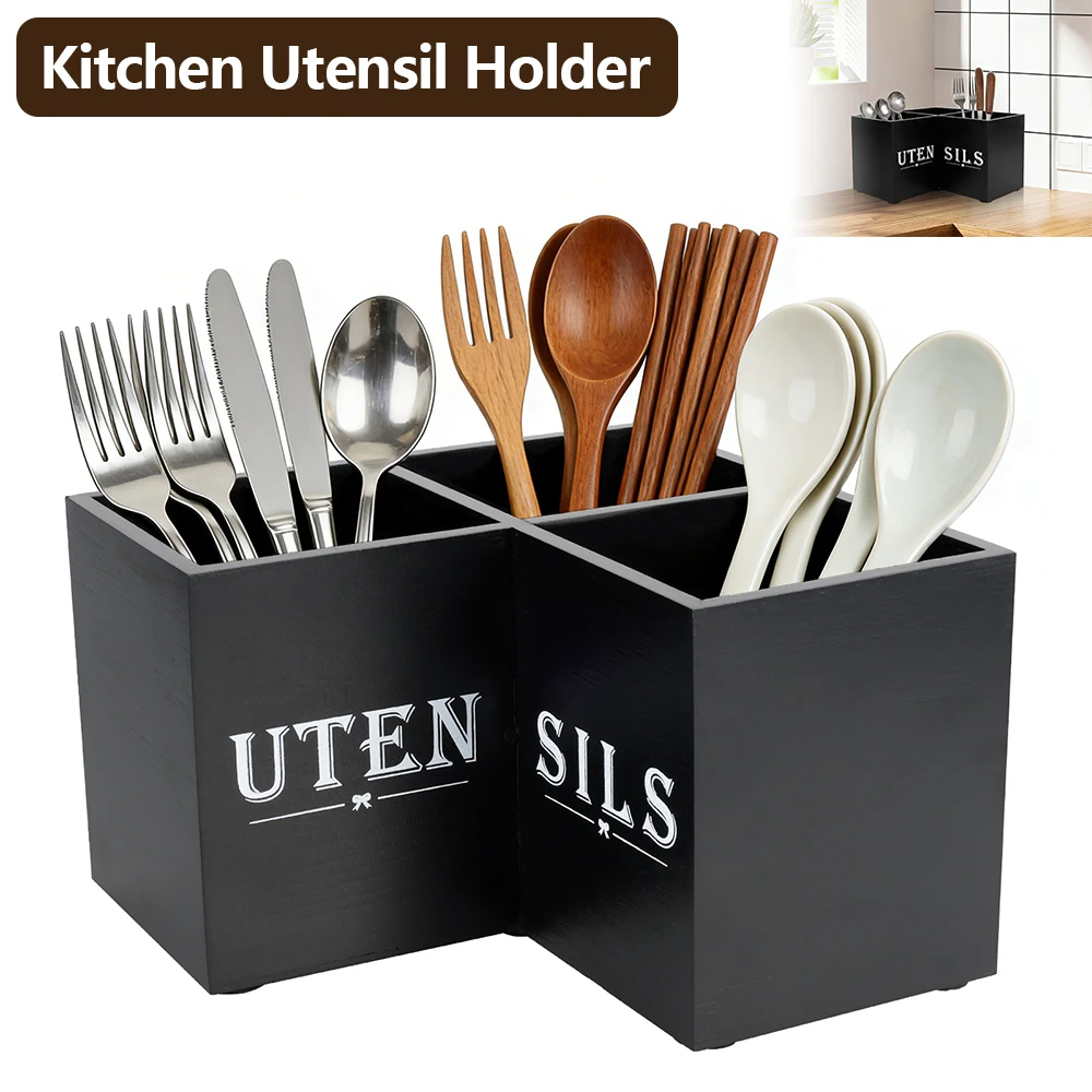 

Kitchen Utensil Holder Wood Corner Utensil Caddy with 3 Compartments Vintage Countertop Storage Rack for Home Kitchen Decoration