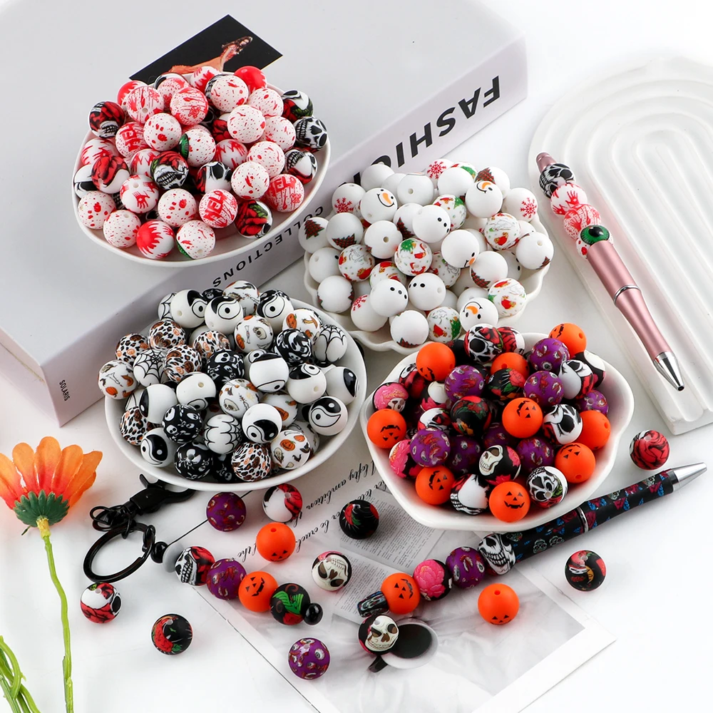 10 teile/los 15mm Silikon Gedruckt Runde Perle Kombination Für Schmuck DIY Ohrring Armband Halskette Etc Handgemachte Accessoires