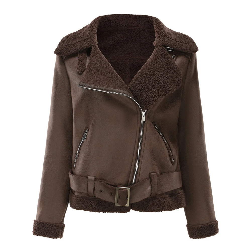 سترة نسائية من جلد الغزال مبطنة بالفرو الصناعي وياقة بحزام للخريف والشتاء معطف جلد دافئ ملابس خارجية أنيقة للسيدات