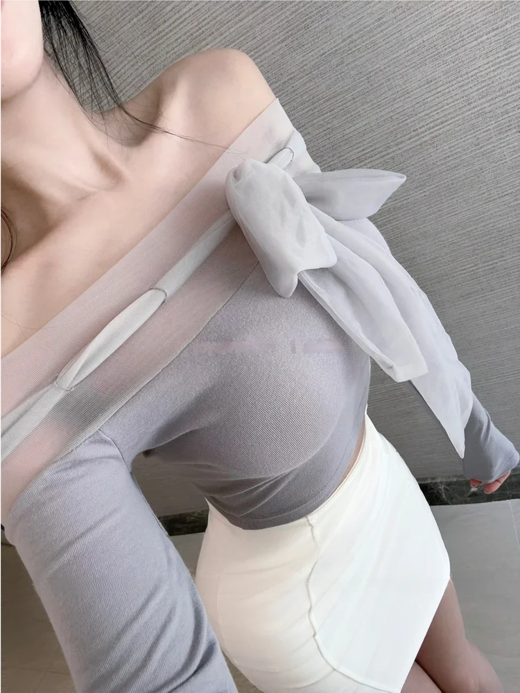 Camiseta Sexy de Manga Larga para Mujer, Corte Ajustado, Hombros Descubiertos con Nudo, Elegante, Detalle de Cinta de Organza Europea, Ropa Casual