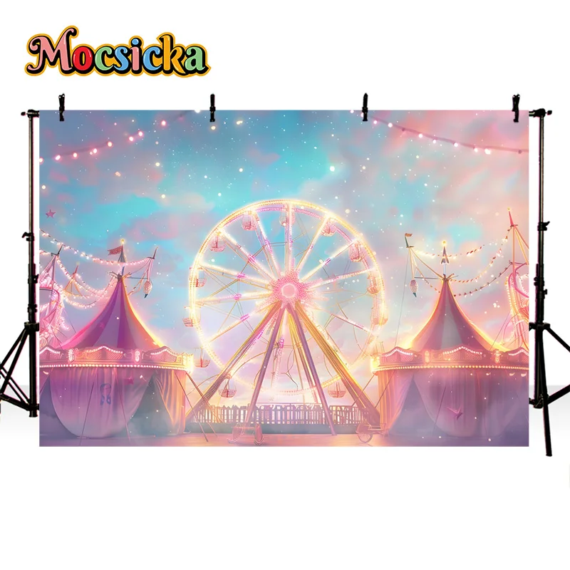 Mocsicka Photography Backdrop Happy Birthday Party Ferris Wheel Lighting Background Cake Smash Portrait Photo Banner Studio Prop