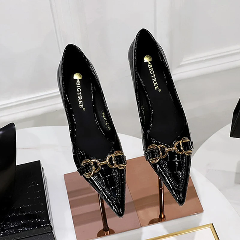 Women Trendy Apricot 4.5cm High Heels Pumps Female Elegant Patent Leather Metal Buckle Shoes Lady Chic Party Date Dress Shoes view 2