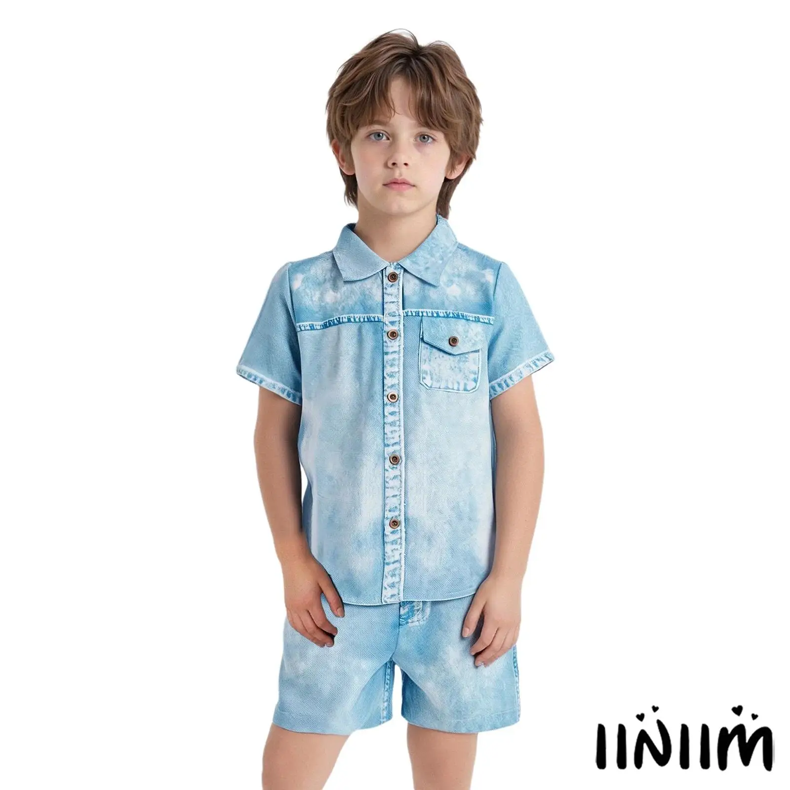 

Boys Stylish Imitation Denim Two Piece Set Comfortable Turn Down Collar Shirt And Elastic Waist Shorts for Casual Holiday Outfit