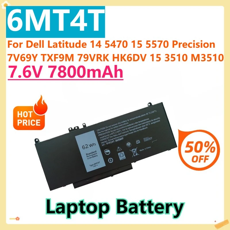 

Для Dell Latitude 14 5470 15 5570 Precision 7V69Y TXF9M 79VRK HK6DV 15 3510 M3510 Series 7,6 В 7800 мАч 6MT4T Сменный аккумулятор