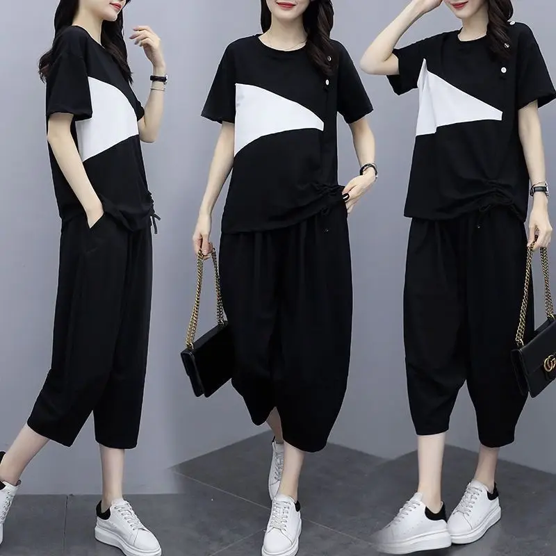 

Women's Fashion Suit 2023 Summer Short Sleeve Top Women Clothing Casual Sportswear T-shirts Calf-length Pants Two Piece Set A425