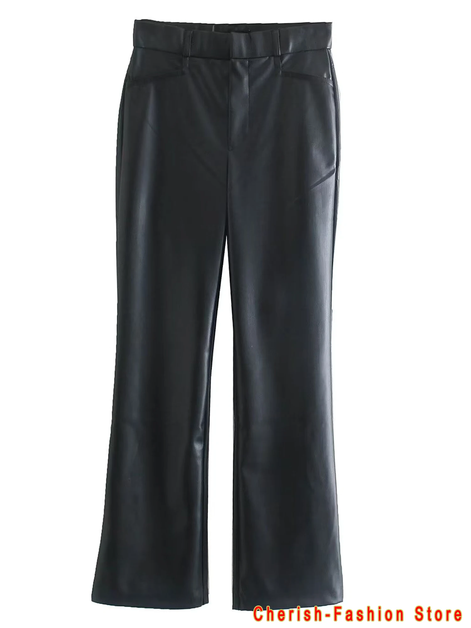 Frauen Mode Faux Leder Gerade Hosen Vintage Hohe Taille Zipper Fliegen Weibliche Hose Mujer Vintage Lose Schwarze Hose 2023