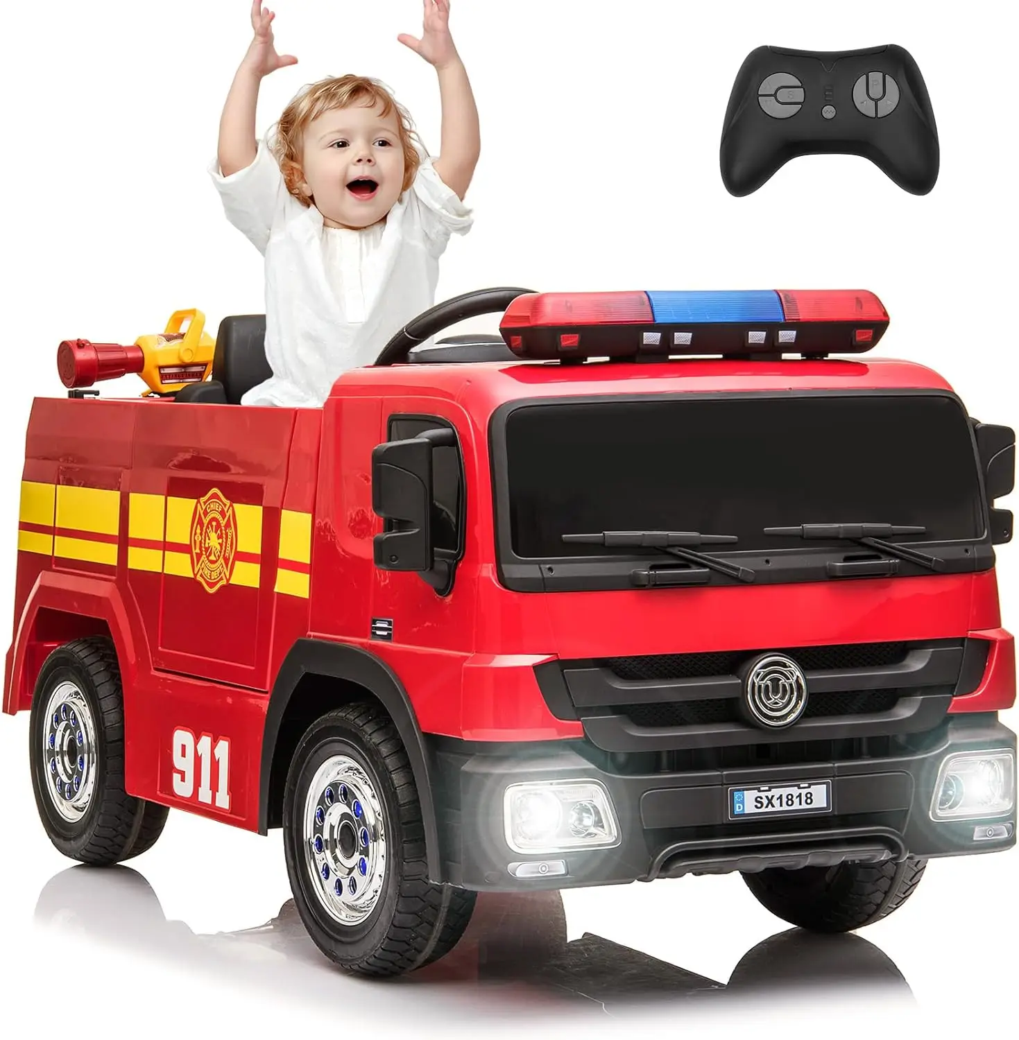 

AOOU 12V Ride on Fire Truck, Kids Electric Vehicle, Battery Powered Car Toy w/Remote Control, Power Motorized Driving Car