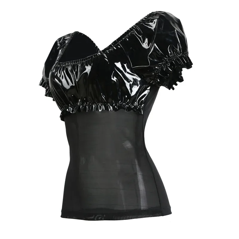 تي شيرت مرقع شبكي مجوف للنساء ، بلوزات قصيرة شفافة شفافة شفافة شفافة ، تي شيرت أسود مثير للسيدات ، ملابس نادي برقبة دائرية