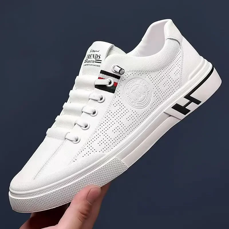 

New Men Breathable White Shoes Athleisure Style Trend Versatile Comfortable Beige Sneakers Hollow Walking Running Footwear