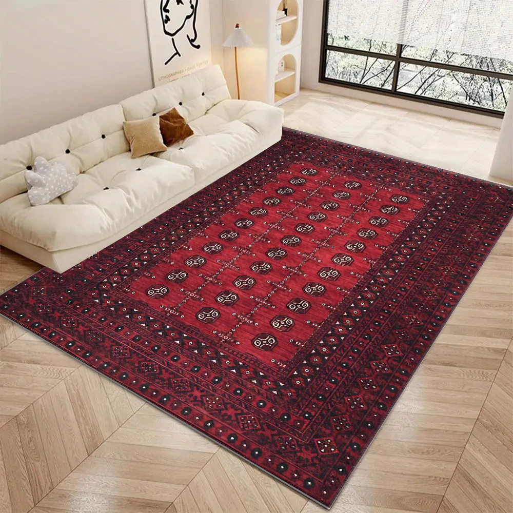 Vintage Red Tribal Style Area Rug Traditional Geometric Square Pattern Floor Carpet for Living Room Bedroom Home Decoration