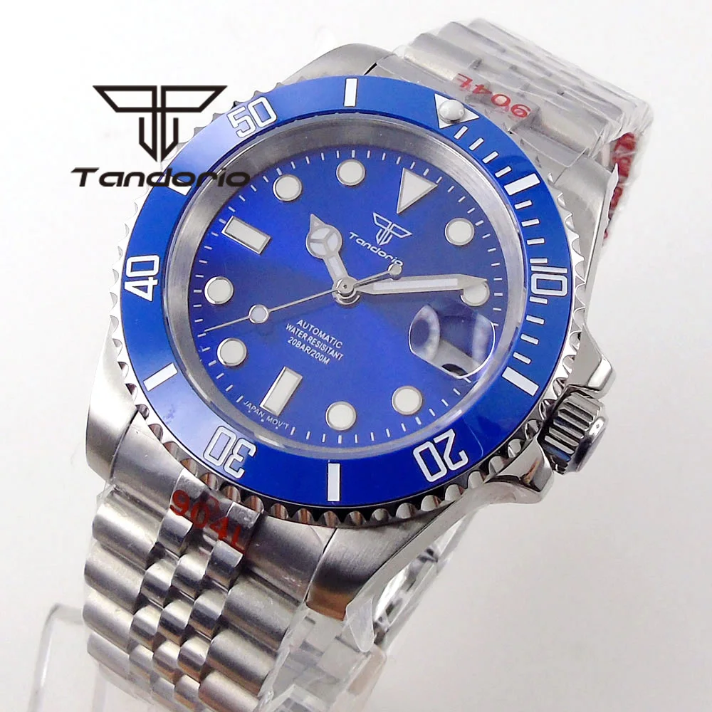 

Tandorio 40mm 24 Jewels NH35A Automatic Men's Watch Blue Dial Cyclop Sapphire Glass Rotating Bezel Screw Crown Jubilee Bracelet